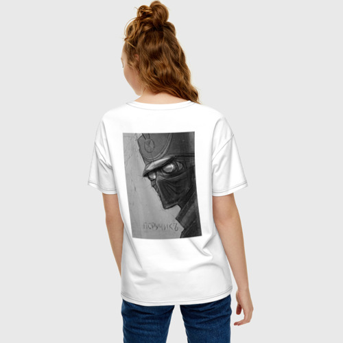 Женская футболка хлопок Oversize с принтом Поручик - русский супергерой 1812 год, вид сзади #2