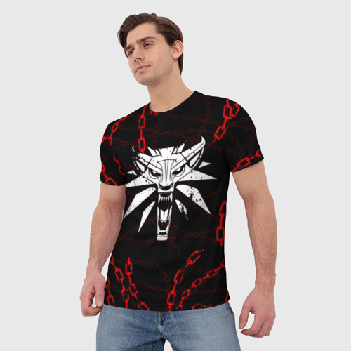 Мужская футболка 3D с принтом Ведьмак красные цепи, волк, фото на моделе #1