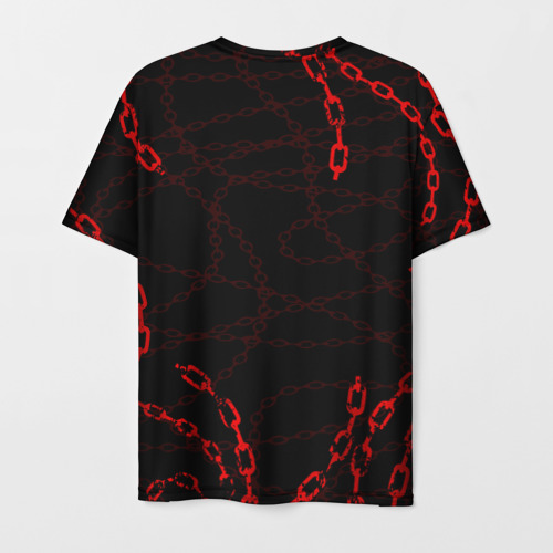 Мужская футболка 3D с принтом Ведьмак красные цепи, волк, вид сзади #1