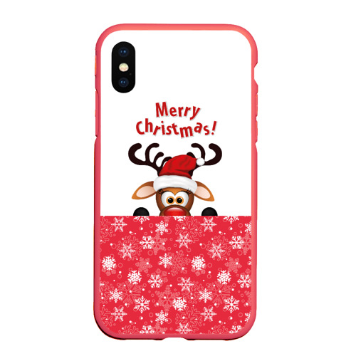 Чехол для iPhone XS Max матовый Оленёнок Merry Christmas, цвет красный