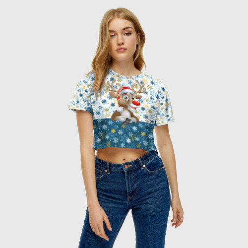 Женская футболка Crop-top 3D Весёлый Оленёнок, цвет 3D печать - фото 4