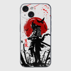 Чехол для iPhone 15 силиконовый с защитой камеры Ghost of Tsushima: самурай на фоне красного солнца