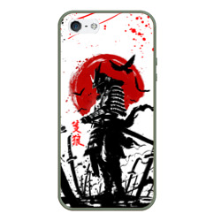Чехол для iPhone 5/5S матовый Ghost of Tsushima: самурай на фоне красного солнца
