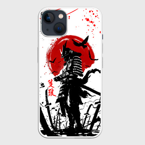 Чехол для iPhone 14 Plus с принтом Ghost of Tsushima: призрак на фоне красного солнца, вид спереди №1