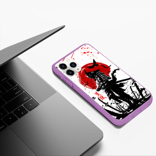 Чехол для iPhone 11 Pro Max матовый Ghost of Tsushima: самурай на фоне красного солнца, цвет фиолетовый - фото 5