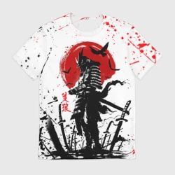 Мужская футболка 3D Ghost of Tsushima: самурай на фоне красного солнца