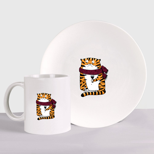 Набор: тарелка + кружка Недовольный тигр с бокалом вина