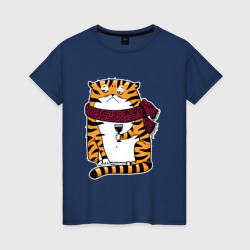 Женская футболка хлопок Недовольный тигр с бокалом вина