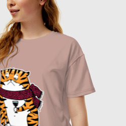 Женская футболка хлопок Oversize Недовольный тигр с бокалом вина - фото 2
