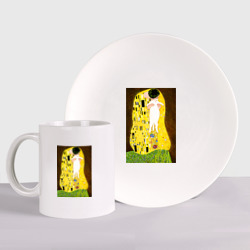 Набор: тарелка + кружка Густав Климт влюблённые поцелуй с котом