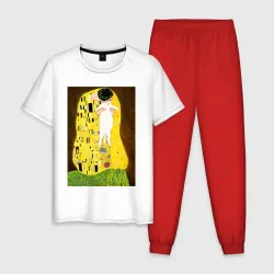 Мужская пижама с белой футболкой хлопок Густав Климт влюблённые поцелуй с котом