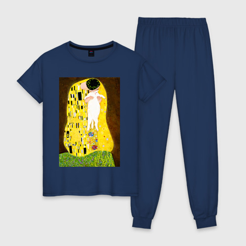 Женская пижама хлопок Густав Климт влюблённые поцелуй с котом, цвет темно-синий