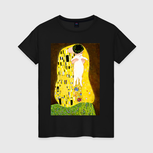 Женская футболка хлопок Густав Климт влюблённые поцелуй с котом, цвет черный