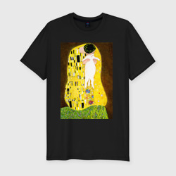 Приталенная футболка Густав Климт влюблённые поцелуй с котом  (Мужская)