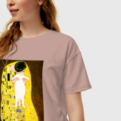 Женская футболка хлопок Oversize Густав Климт влюблённые поцелуй с котом - фото 2