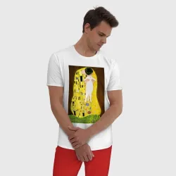 Мужская пижама с белой футболкой хлопок Густав Климт влюблённые поцелуй с котом - фото 2