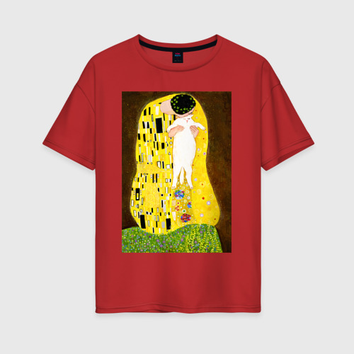 Женская футболка хлопок Oversize Густав Климт влюблённые поцелуй с котом, цвет красный