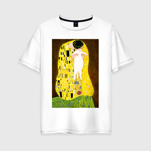 Женская футболка хлопок Oversize Густав Климт влюблённые поцелуй с котом , цвет белый