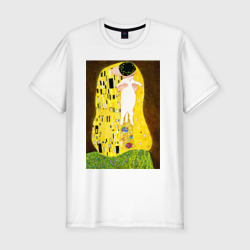 Мужская футболка хлопок Slim Густав Климт влюблённые поцелуй с котом