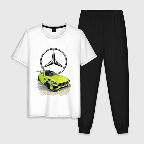 Мужская пижама с белой футболкой хлопок Mercedes V8 Biturbo racing