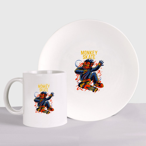 Набор: тарелка + кружка Обезьяна космонавт на скейте