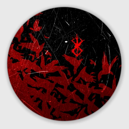 Круглый коврик для мышки Берсерк клеймо лого стая ворон, red crow
