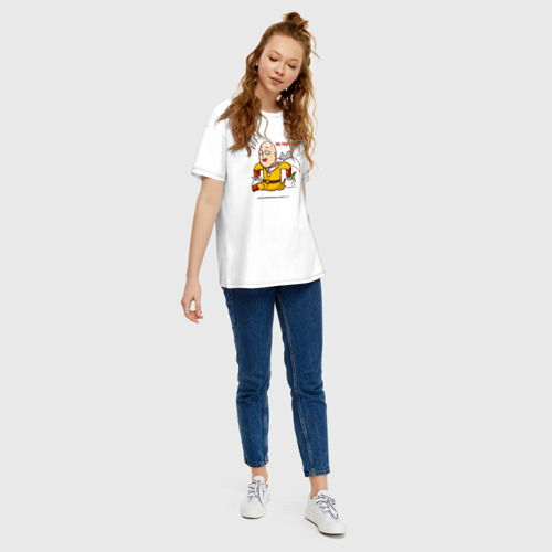 Женская футболка хлопок Oversize Счастливый Сайтама с пакетами продуктов One Punch-Man, цвет белый - фото 5