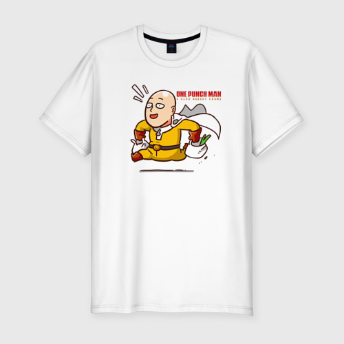 Мужская футболка хлопок Slim Счастливый Сайтама с пакетами продуктов One Punch-Man, цвет белый