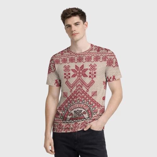 Мужская футболка 3D с принтом Славянская вышивка Узоры Руси, фото на моделе #1