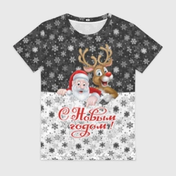 Женская футболка 3D С Новым Годом дед мороз и олень