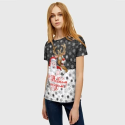 Женская футболка 3D С Новым Годом дед мороз и олень - фото 2