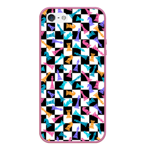 Чехол для iPhone 5/5S матовый Разноцветные Шахматные Фигуры, цвет малиновый