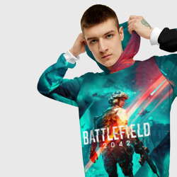 Толстовка с принтом Battlefield 2042 игровой арт для мужчины, вид на модели спереди №3. Цвет основы: белый