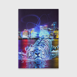 Обложка для паспорта матовая кожа Плывущий неоновый тигр за городом