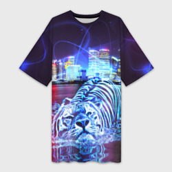 Платье-футболка 3D Плывущий неоновый тигр за городом
