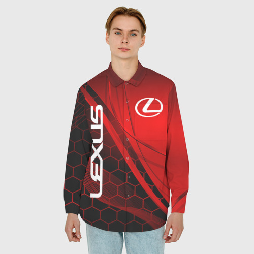 Мужская рубашка oversize 3D с принтом Lexus red geometry Лексус, фото на моделе #1