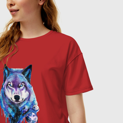 Женская футболка хлопок Oversize с принтом Волк акварель, фото на моделе #1