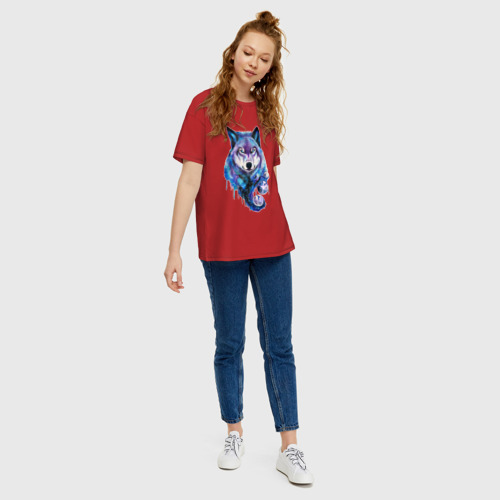 Женская футболка хлопок Oversize с принтом Волк акварель, вид сбоку #3
