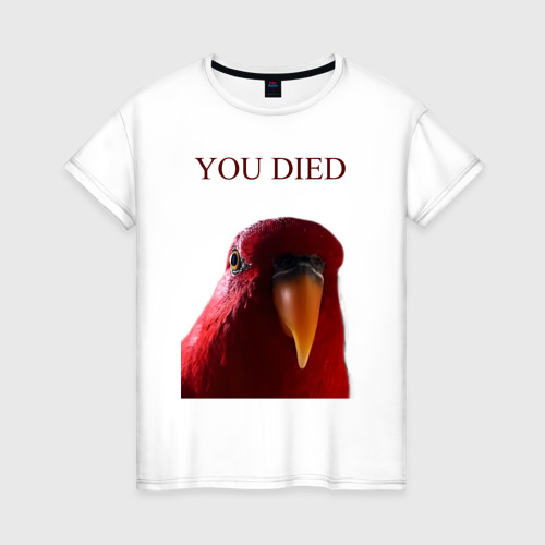 Женская футболка из хлопка с принтом Красный попугай wuewuewuewuewue, вид спереди №1