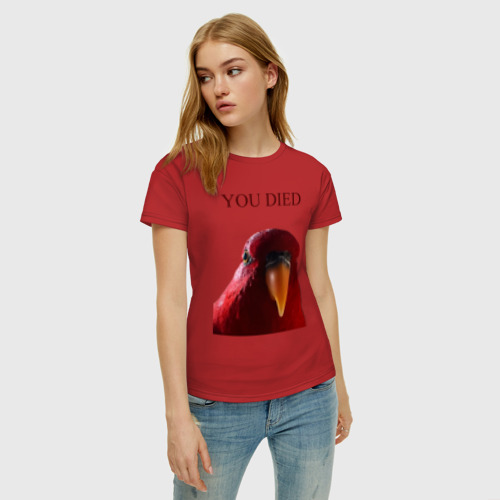 Женская футболка хлопок с принтом Красный попугай wuewuewuewuewue, фото на моделе #1