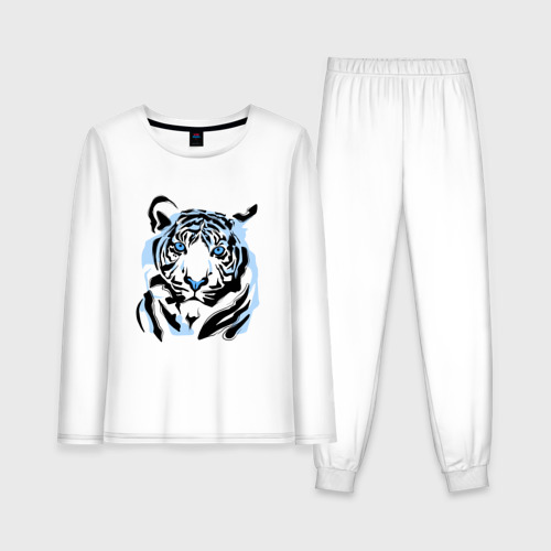 Женская пижама с лонгсливом хлопок Line Blue Tiger, цвет белый