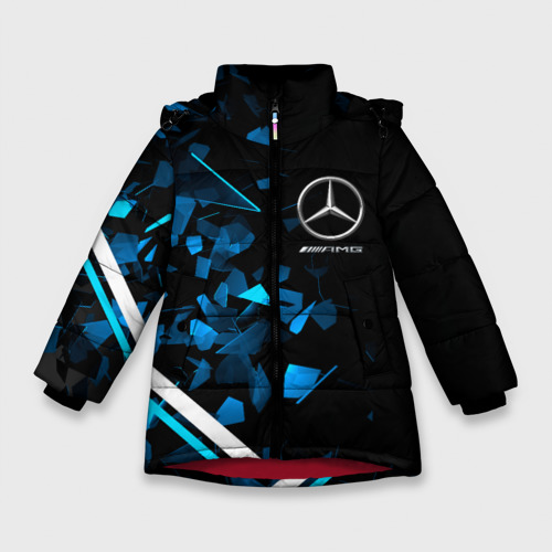Зимняя куртка для девочек 3D с принтом Mercedes AMG Осколки стекла, вид спереди #2