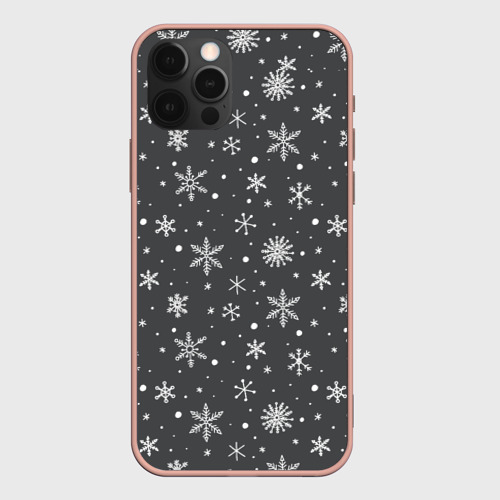Чехол для iPhone 12 Pro Max с принтом Белые снежинки на сером фоне, вид спереди #2