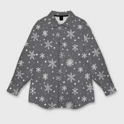 Женская рубашка oversize 3D Белые снежинки на сером фоне