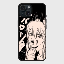 Чехол силиконовый для Apple iPhone 15 матовый Пауэр, Человек-бензопила факушку показывает