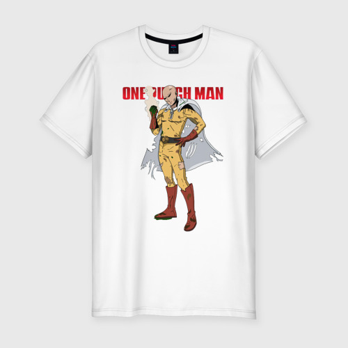 Мужская футболка хлопок Slim Сайтама в ободранном костюме One Punch-Man, цвет белый