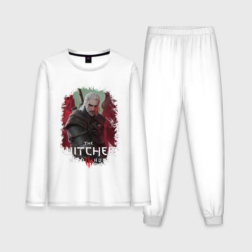 Мужская пижама из хлопка с лонгсливом с принтом Ведьмак Геральт кошмар волка, вид спереди №1