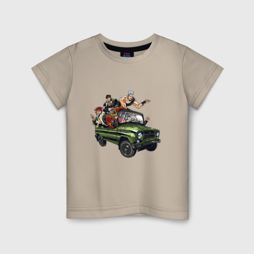 Детская футболка хлопок с принтом Персонажи жожо едут на уазике джо джо, вид спереди #2
