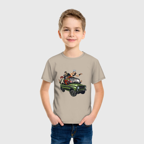 Детская футболка хлопок с принтом Персонажи жожо едут на уазике джо джо, фото на моделе #1