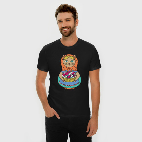 Мужская футболка хлопок Slim Кошка-матрешка садовод, цвет черный - фото 3